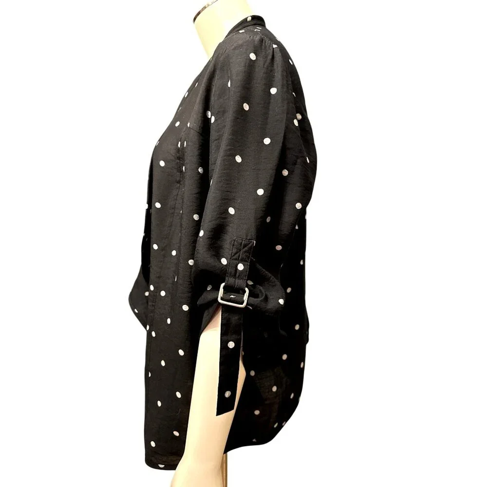 Chicos Black Polka Dot Cardigan Lightweight Open Front Blouse Roll Tab Sleeves - Picture 2 of 12